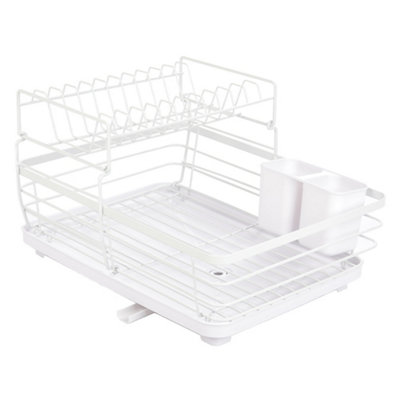 2 Tier White Metal Dish Drainer Rack Dish Drying Shelf with Utensil Holder