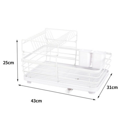 2 Tier White Metal Dish Drainer Rack Dish Drying Shelf with Utensil Holder