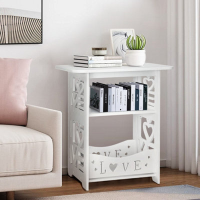 2-Tier White Modern Carved Love Small PVC Bedside Table End Table Nightstand