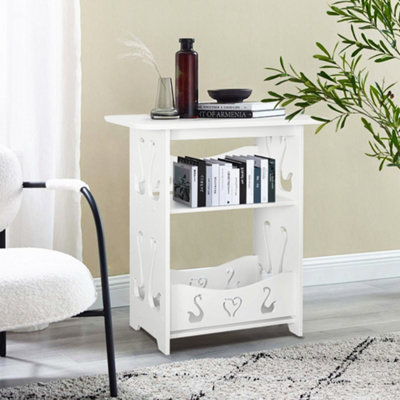 2 Tier White Modern Carved Small PVC Bedside Table End Table Nightstand