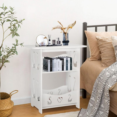 2 Tier White Modern Carved Small PVC Bedside Table End Table Nightstand