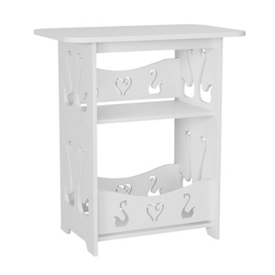 2 Tier White Modern Carved Small PVC Bedside Table End Table Nightstand