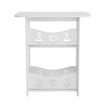 2 Tier White Modern Carved Small PVC Bedside Table End Table Nightstand
