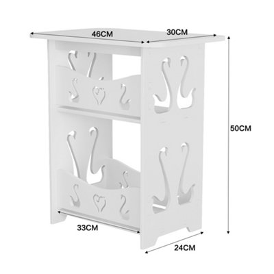 2 Tier White Modern Carved Small PVC Bedside Table End Table Nightstand