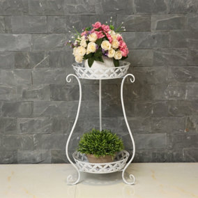 2 Tier White Tall Vintage Metal Plant Stand Plant Pot Holder for Indoor Outdoor Corner Display 64 cm