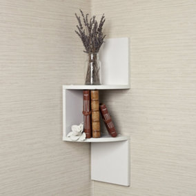 2 Tier White Zigzag Design Wooden Floating Wall Corner Shelf Bookcase