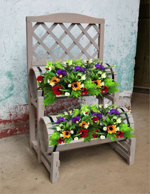 2 Tier Wood Barrel Planter with Trellis - Putty