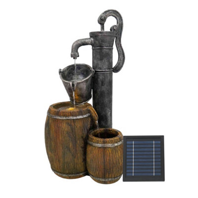 2-Tier Wooden Barrel Solar Water Feature with Battery Back-up