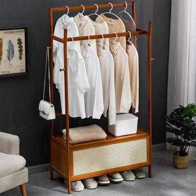 2-Tier Wooden Clothes Rack with Hooks and Drawer Brown