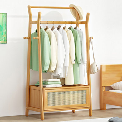 2-Tier Wooden Clothes Rack with Hooks and Drawer Natural