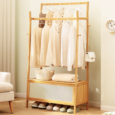2-Tier Wooden Clothes Rack with Hooks and Drawer Natural