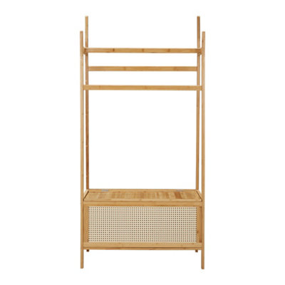 2-Tier Wooden Clothes Rack with Hooks and Drawer Natural