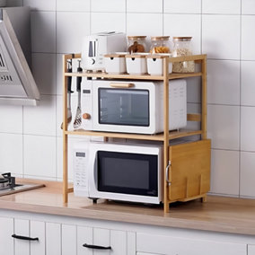 2 Tier Wooden Spice Racks Kitchen Countertop Storage Rack Microwave Organiser Shelf for Kitchen Counter with Hooks in Natural