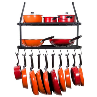2 Tiers Metal Kitchen Storage Shelves Kitchen Organizer Saucepan Pan Pot Rack with 10 Hooks Wall Mounted
