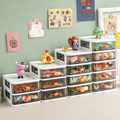 2 Tiers White Plastic Desktop Stationery Cosmetic Storage Box Drawer Organizer with Handle - 5