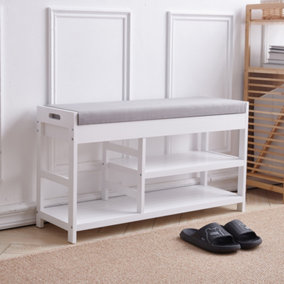 2 Tiers White Wooden Shoe Storage Bench Shoe Organizer Shoe Cabinet with Padded Seat