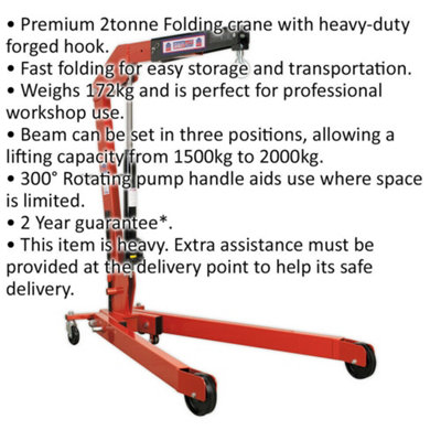 2 Tonne Folding Engine Crane - Heavy Duty Forged Hook - Rotating Pump Handle