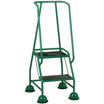 2 Tread Mobile Warehouse Steps GREEN 1.19m Portable Safety Ladder & Wheels