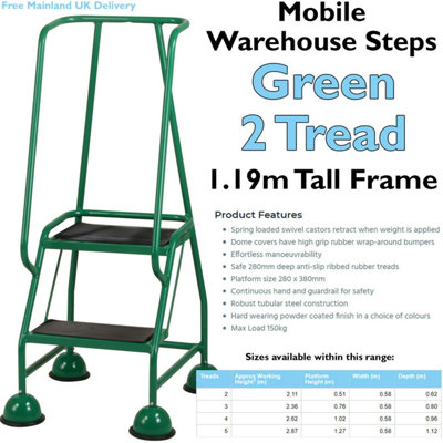 2 Tread Mobile Warehouse Steps GREEN 1.19m Portable Safety Ladder & Wheels