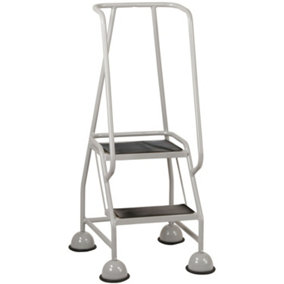 2 Tread Mobile Warehouse Steps GREY 1.19m Portable Safety Ladder & Wheels
