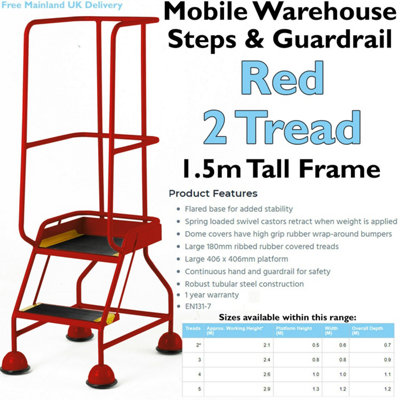 2 Tread Mobile Warehouse Steps & Guardrail RED 1.5m Portable Safety Stairs