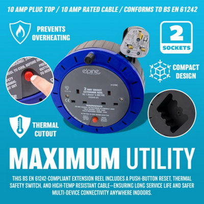 2 Way 5m Extension Reel Heavy Duty Cassette Lead Cable Mains Socket 10a Metre - 4