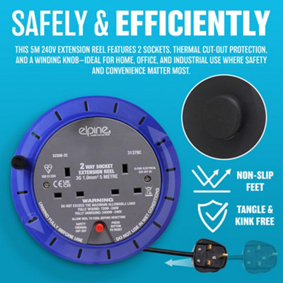 2 Way 5m Extension Reel Heavy Duty Cassette Lead Cable Mains Socket 10a Metre - 5