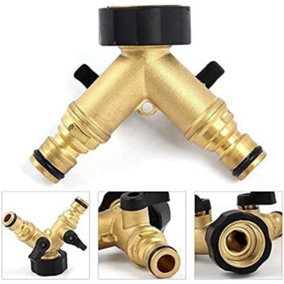 2 Way Brass Hose Splitter - Garden Hose Connector with Dual Water Taps Connector with Individual On/Off valves