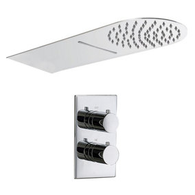 2 Way Concealed Chrome Thermostatic Shower Mixer & Slim Overhead Shower Head Set