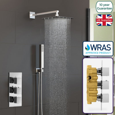 2 WAY CONCEALED THERMOSTATIC SHOWER MIXER VALVE CHROME 200MM SLIM OVERHEAD