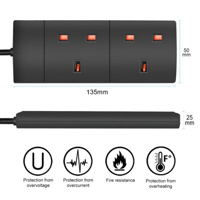 2 Way Extension Lead 5M Black, 13A