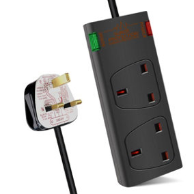 2 Way Socket with Cable 3G1.25,2M,Black,with Power Indicater,Child Resistant Sockets,Surge Indicator