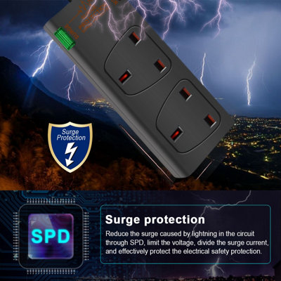 2 Way Socket with Cable 3G1.25,2M,Black,with Power Indicater,Child Resistant Sockets,Surge Indicator