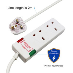 2 Way Socket with Cable 3G1.25,2M,White,with Power Indicater,Child Resistant Sockets,Surge Indicator