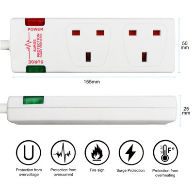 2 Way Socket with Cable 3G1.25,2M,White,with Power Indicater,Child Resistant Sockets,Surge Indicator