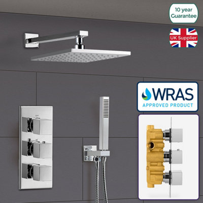 2 WAY SQUARE CONCEALED THERMOSTATIC MIXER VALVE HAND HELD SHOWER HEAD ROSE