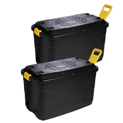 2 x 110 Litre Large Heavy Duty Indoor Outdoor Black Storage Trunks With Lids, Wheels & Yellow Handles