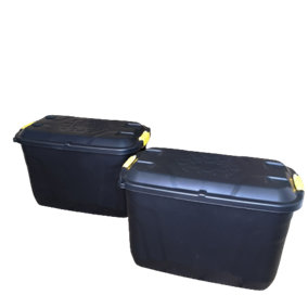 2 x 110L Heavy Duty Trunk on Wheels Sturdy, Lockable, Stackable and Nestable Design Storage Chest with Clips in Black