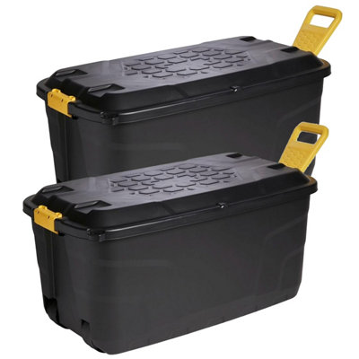 2 x 110L Strong Black XL Capacity Heavy Duty Indoor Outdoor Storage Trunk With Wheels & Handles