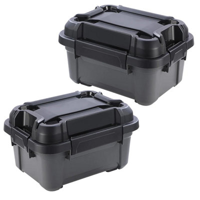 2 x 12 Litre Indoor Outdoor Heavy Duty Black Storage Bunker Trunks Ideal For DIY Use Tradesman & Handyman