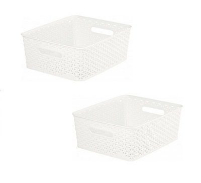 2 x 12L Cream Rattan Effect Storage Basket Tray Medium Plastic Curver Nestable