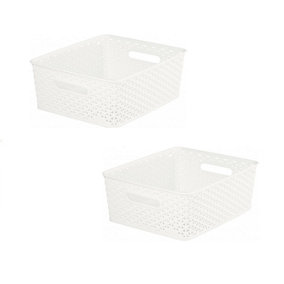 2 x 12L Cream Rattan Effect Storage Basket Tray Medium Plastic Curver Nestable