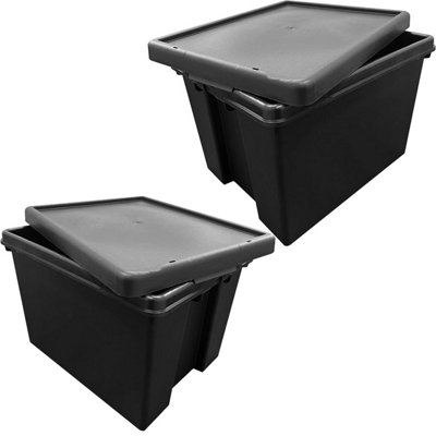 2 x 150 Litre Extra Large Super Strong Stackable & Nestable Black Impact Resistant Containers With Lids