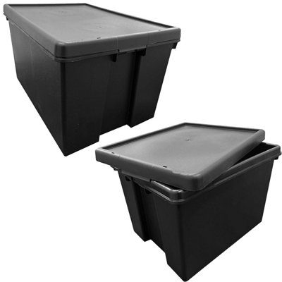 2 x 150 Litre Extra Large Super Strong Stackable & Nestable Black Impact Resistant Containers With Lids