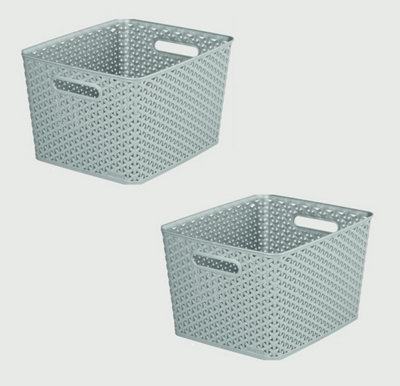 2 x 18L Grey Rattan Effect Storage Basket Tray Large Plastic Curver Nestable DIY at B&Q