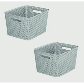 2 x 18L Grey Rattan Effect Storage Basket Tray Large Plastic Curver Nestable