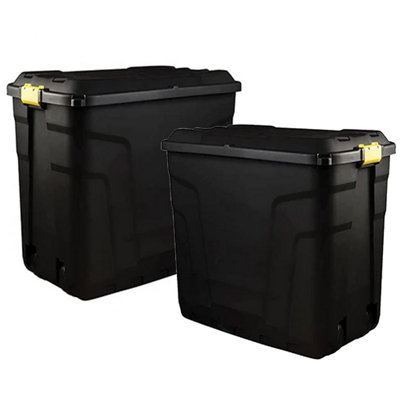 2 x 190 Litre Large Heavy Duty Indoor Outdoor Black Storage Trunks With Clip On Lids & Wheels