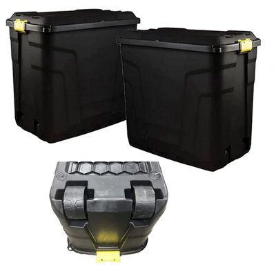 2 x 190 Litre Large Heavy Duty Indoor Outdoor Black Storage Trunks With Clip On Lids & Wheels