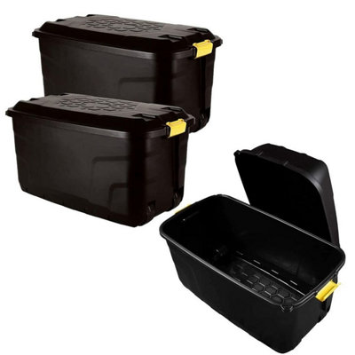 2 x 190L Strong Black Heavy Duty Indoor Outdoor Storage Trunks With Yellow Handles, Lid & Wheels