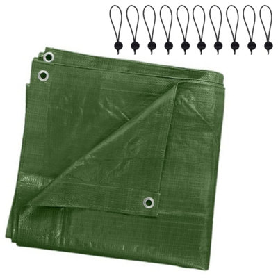 2 x 2 m Tarpaulin Waterproof Heavy Duty Cover Camping Ground Sheet Caravan Furniture Multipurpose 10 Bungee Balls Green 90 GSM